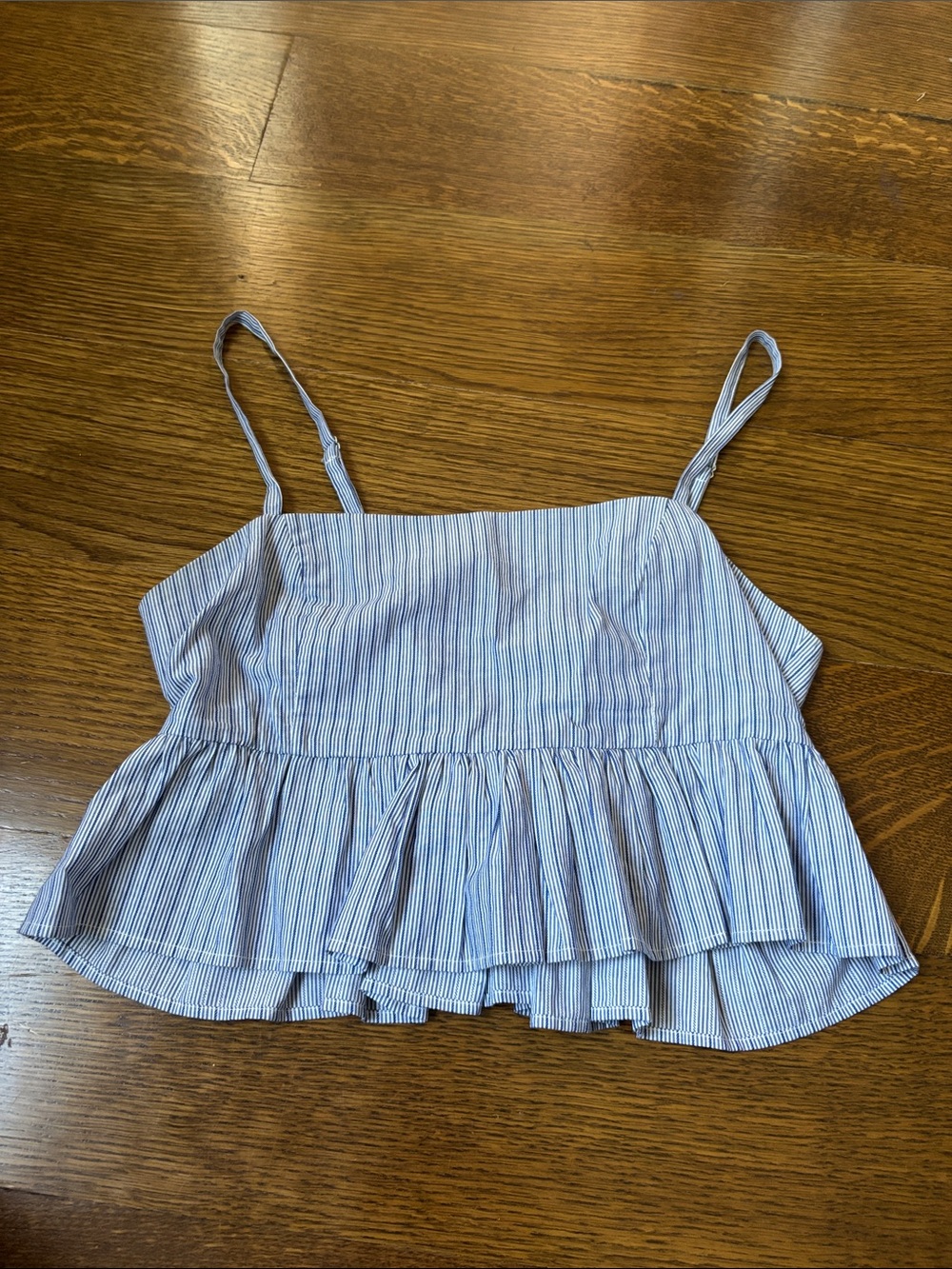 Ciao Lucia Light Blue and White Striped Cropped Ruffle Cami